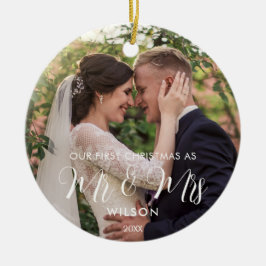 Elegant wit script bruiloft foto keramisch ornament