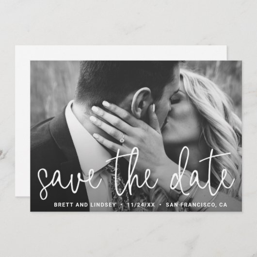 Elegant wit script eenvoudige foto moderne bruilof save the date (Voorkant / Achterkant)