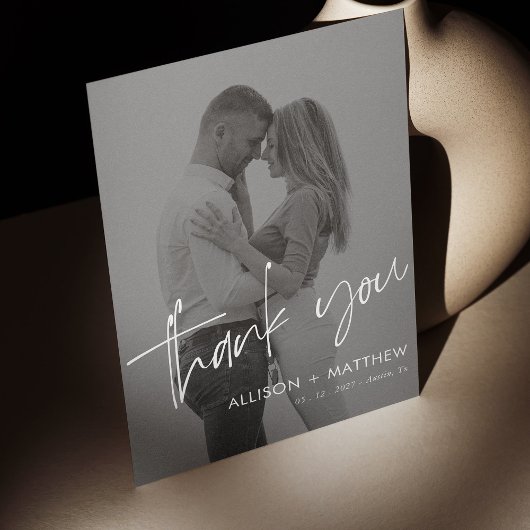 Elegant wit script foto bruiloft dank u kaart