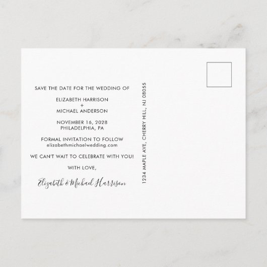 Elegant Wit Script Foto Bruiloft Save the Date Aankondigingskaart (Achterkant)