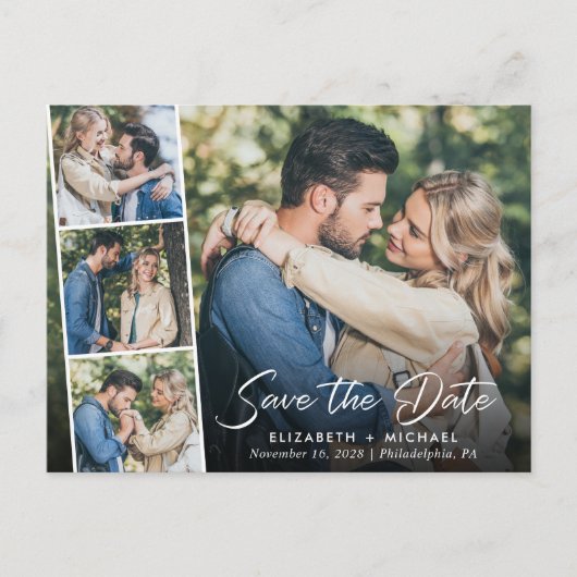 Elegant Wit Script Foto Bruiloft Save the Date Aankondigingskaart (Voorkant)