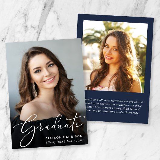 Elegant wit script foto overlay blauw Afstuderen Aankondiging