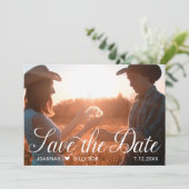 Elegant wit script foto rustiek hout save the date (Staand voorkant)