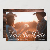 Elegant wit script foto rustiek hout save the date (Voorkant / Achterkant)