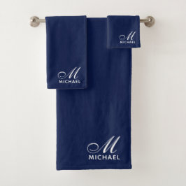 Elegant wit script Initiaal Monogram Navy Blue Bad Handdoek