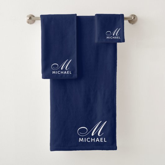Elegant wit script Initiaal Monogram Navy Blue Bad Handdoek (Insitu)