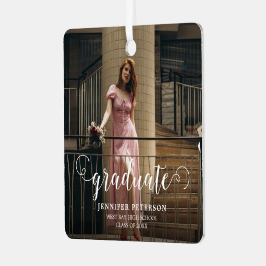 Elegant wit script Modern Photo Afstuderen Metalen Ornament (Voorkant links)