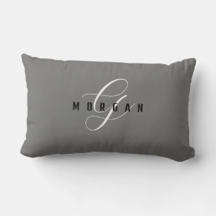 Elegant wit script monogram & zwarte naam, grijs L Kussen
