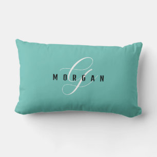 Elegant wit script monogram & zwarte naam Lt Teal Kussen