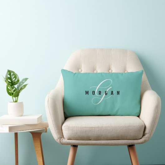 Elegant wit script monogram & zwarte naam Lt Teal Kussen (Stoel)