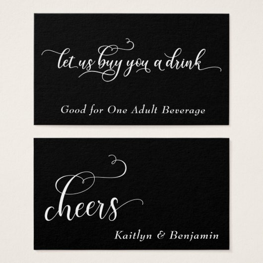 Elegant wit script op zwart, drankkaartjes 2 visitekaartjes (Voorkant /achterkant)