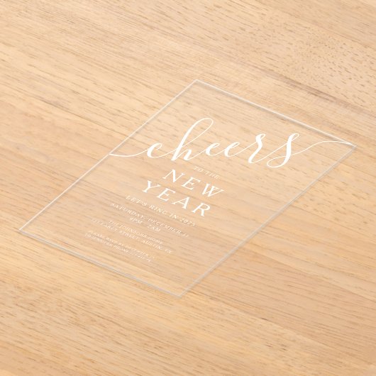 Elegant wit script oudejaarsfeest acryl uitnodigingen (Laagn)