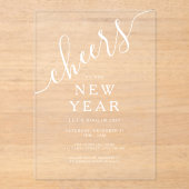 Elegant wit script oudejaarsfeest acryl uitnodigingen (Voorkant)