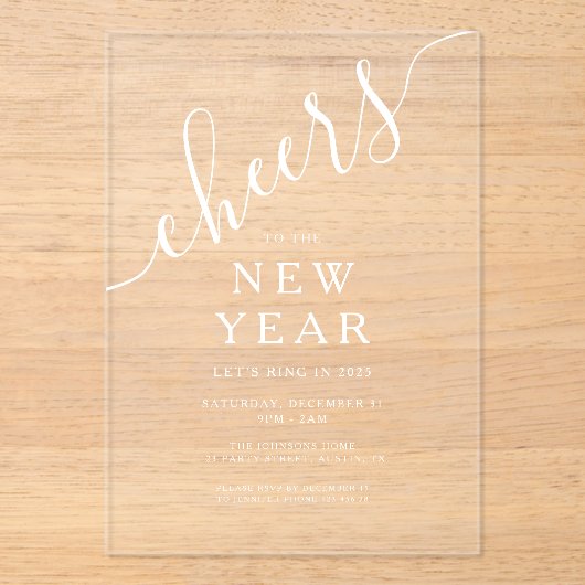 Elegant wit script oudejaarsfeest acryl uitnodigingen (Voorkant)