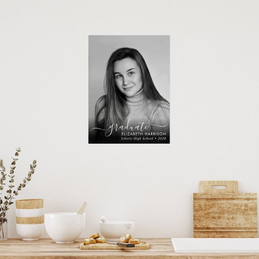Elegant wit Script Photo Overlay Afstuderen Poster (Keuken)