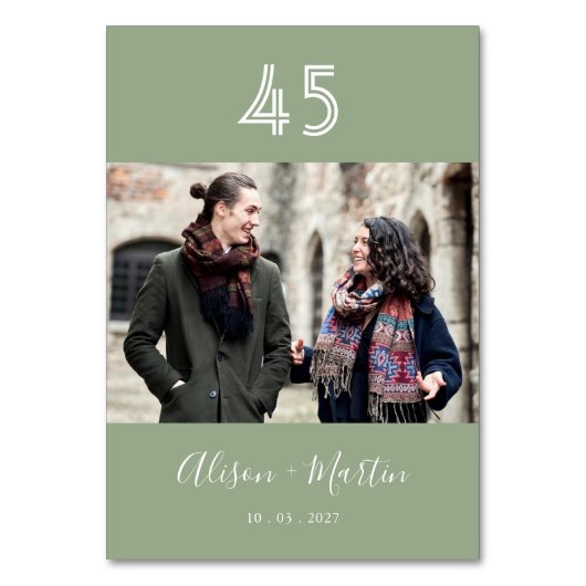 Elegant Wit Script Sage Groen Foto Bruiloft Kaart (Achterkant)