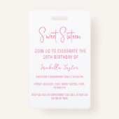 Elegant Wit Script Sweet Sixteen Uitnodiging VIP Badge (Achterkant)