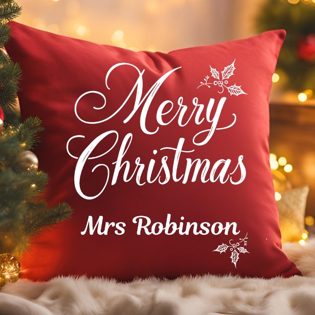 Elegant wit script  vrolijk kerstfeest kussen (Creator heeft geüpload)