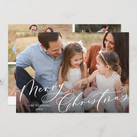 Elegant wit script vrolijke kerstcollage feestdagenkaart (Voorkant / Achterkant)