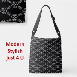 Elegant wit spiraalvormig vectorpatroon op zwart crossbody tas