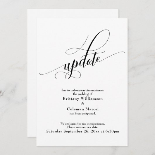Elegant wit uitgesteld bruiloft update Kaart (Voorkant / Achterkant)