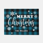 Elegant Wit Vrolijk Kerstmis Zwart & Blauw Plaid Deurmat (Voorkant)
