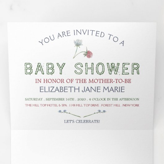Elegant wit, Wildflower Baby shower Suite Drieluik Uitnodiging (Binnenzijde eerst)