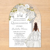 Elegant Wit Zilver Roos Floral Quinceañera Party Acryl Uitnodigingen (Voorkant)