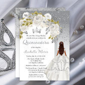 Elegant Wit Zilver Roos Floral Quinceañera Party Kaart