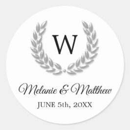 Elegant Wit & Zilveren Laurel Monogram Bruiloft Ronde Sticker