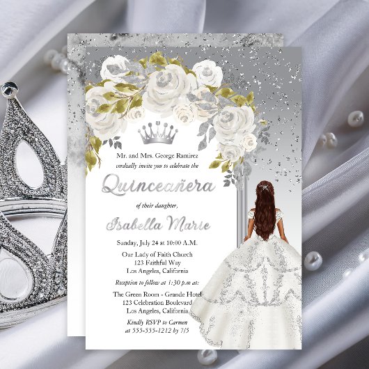 Elegant Wit Zilveren Roos Bloemige Quinceañera Fee Folie Uitnodiging