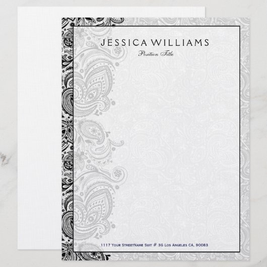 Elegant Wit & Zwart Bloemen Paisley Kant Briefhoofd Ontwerp (Voorkant / Achterkant)