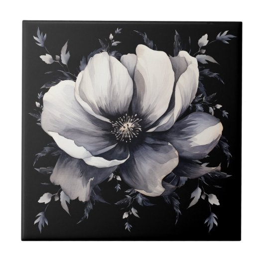 Elegant wit zwart bloemig tegeltje (Voorkant)