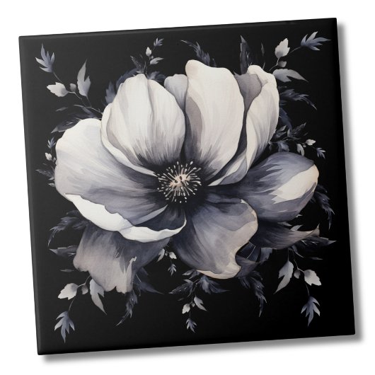 Elegant Wit Zwart Bloemmotief Tegeltje