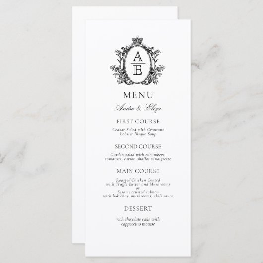 Elegant Wit Zwart Crest Monogram Bruiloft Menu (Voorkant / Achterkant)