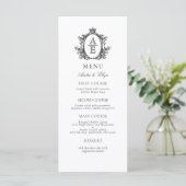 Elegant Wit Zwart Crest Monogram Bruiloft Menu (Staand voorkant)
