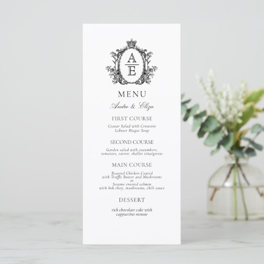 Elegant Wit Zwart Crest Monogram Bruiloft Menu (Staand voorkant)
