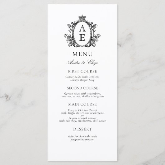 Elegant Wit Zwart Crest Monogram Bruiloft Menu (Voorkant)