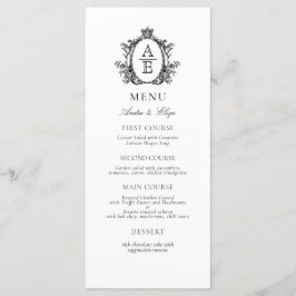 Elegant Wit Zwart Crest Monogram Bruiloft Menu