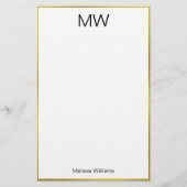 Elegant Wit Zwart en Gouden Rand Naam Monogram Briefpapier (Voorkant)