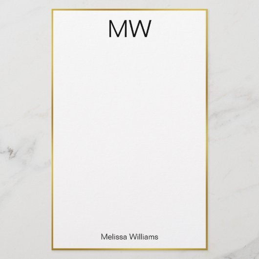 Elegant Wit Zwart en Gouden Rand Naam Monogram Briefpapier (Voorkant)