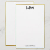 Elegant Wit Zwart en Gouden Rand Naam Monogram Briefpapier (Voorkant / Achterkant)