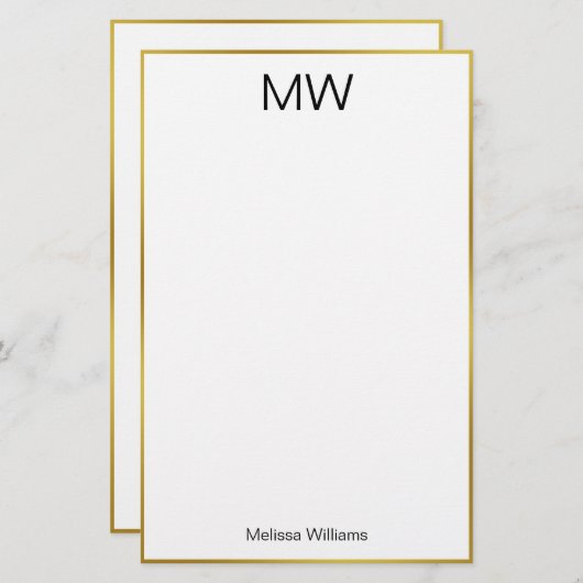 Elegant Wit Zwart en Gouden Rand Naam Monogram Briefpapier (Voorkant / Achterkant)