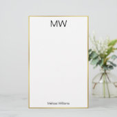 Elegant Wit Zwart en Gouden Rand Naam Monogram Briefpapier (Staand voorkant)