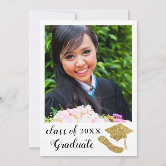 Elegant Wit Zwart Goud Afstudeerder Foto Afstudere Kaart (Achterkant)