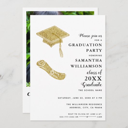 Elegant Wit Zwart Goud Afstudeerder Foto Afstudere Kaart (Voorkant / Achterkant)