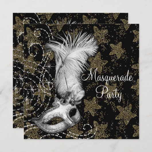 Elegant Wit Zwart Goud Masquerade Party Kaart (Voorkant / Achterkant)