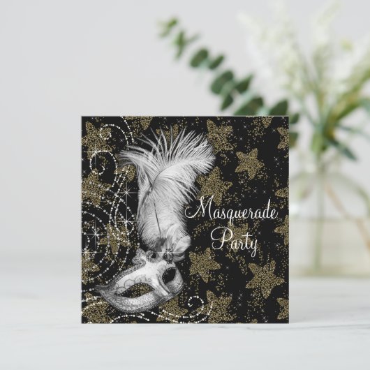 Elegant Wit Zwart Goud Masquerade Party Kaart (Staand voorkant)