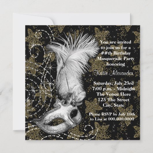 Elegant Wit Zwart Goud Masquerade Party Kaart (Achterkant)