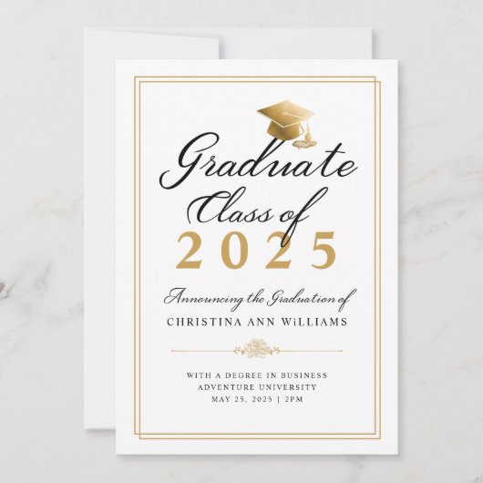 Elegant Wit Zwart Goud Script College Afstuderen Aankondiging (Voorkant)